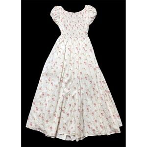 Creaman Floral Smocked Midi Dress Cream Pink Puff Sleeve Open Back Womens M